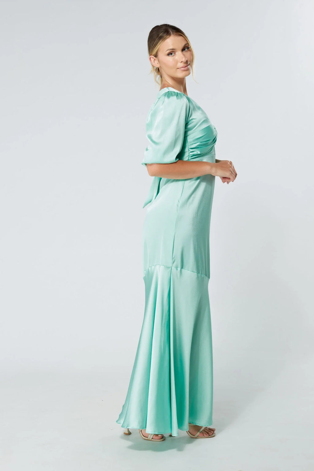 Naomi Aqua Satin Maxi Dress