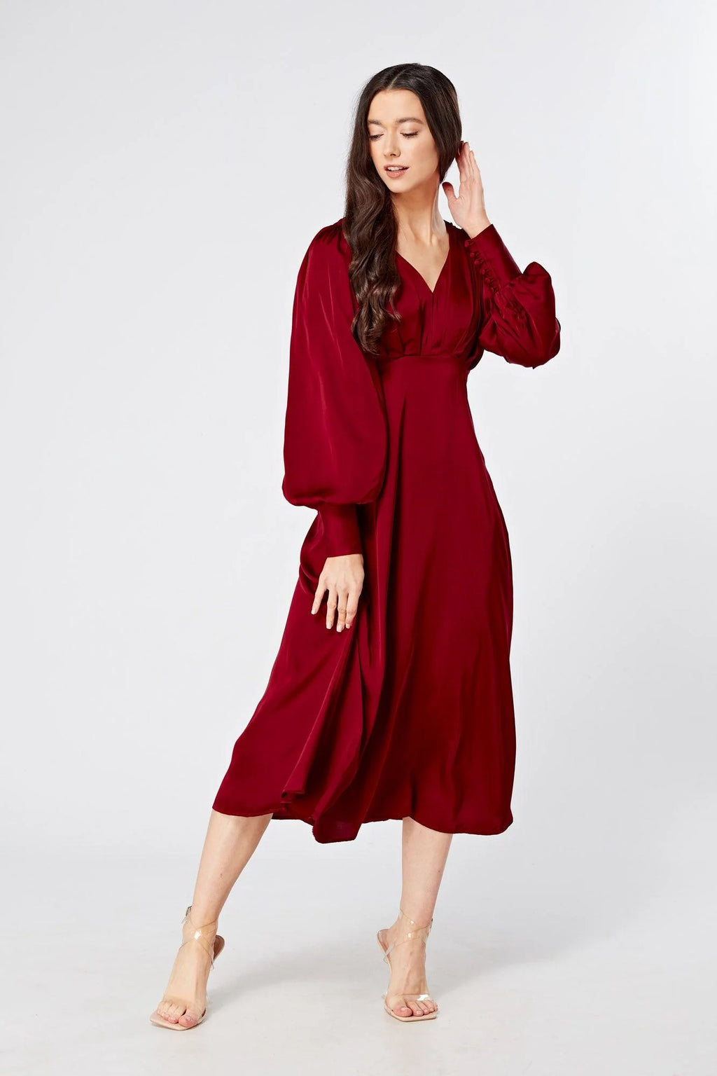Nora Deep Red Satin Midi Dress With Long Sleeves