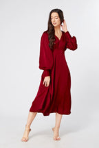 Nora Deep Red Satin Midi Dress With Long Sleeves