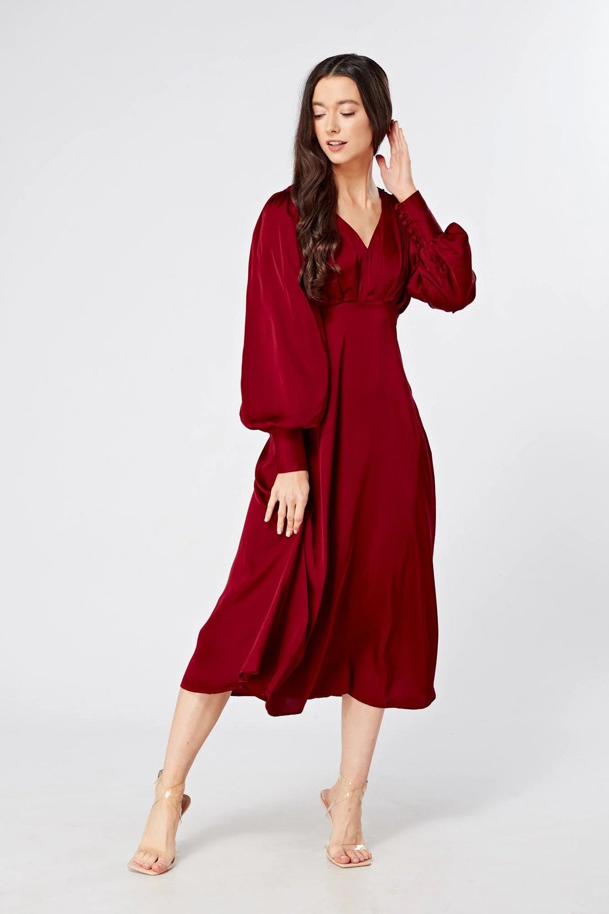 Nora Deep Red Satin Midi Dress With Long Sleeves
