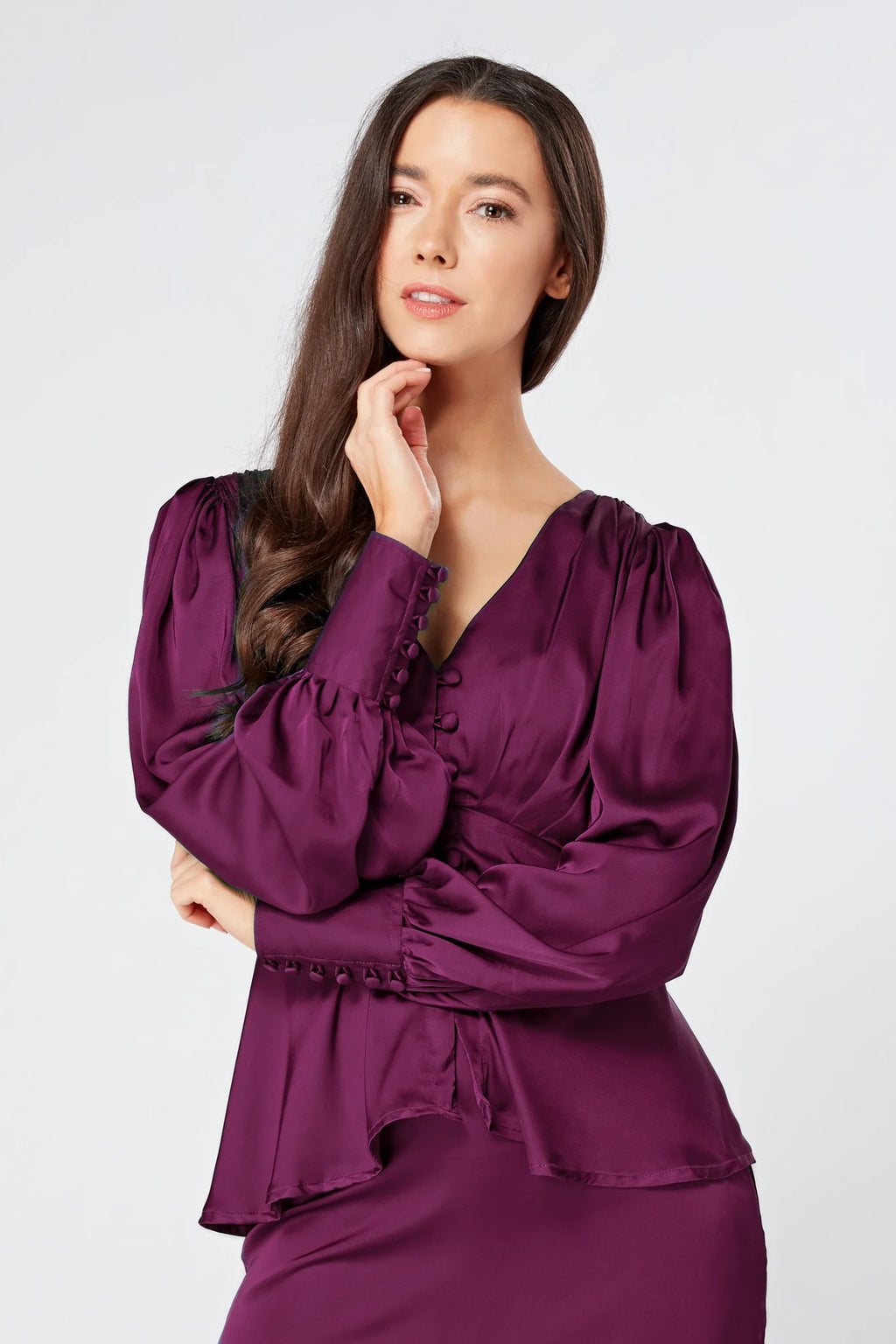 Elisa Plum Purple Crepe Satin Buttoned Blouse