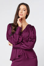 Elisa Plum Purple Crepe Satin Buttoned Blouse