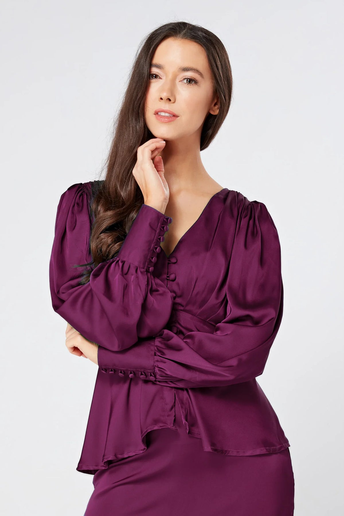 Elisa Plum Purple Crepe Satin Buttoned Blouse