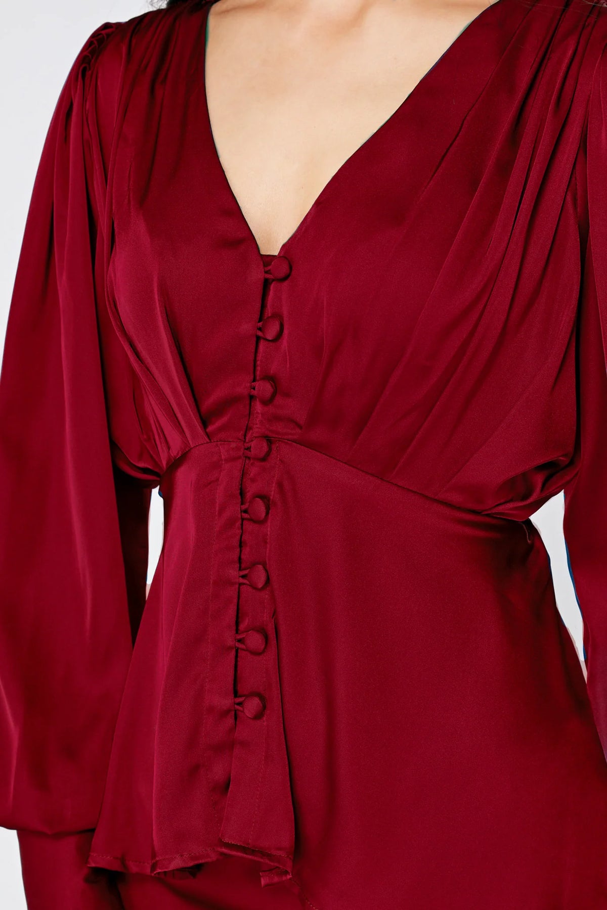 Elisa Deep Red Satin Buttoned Blouse