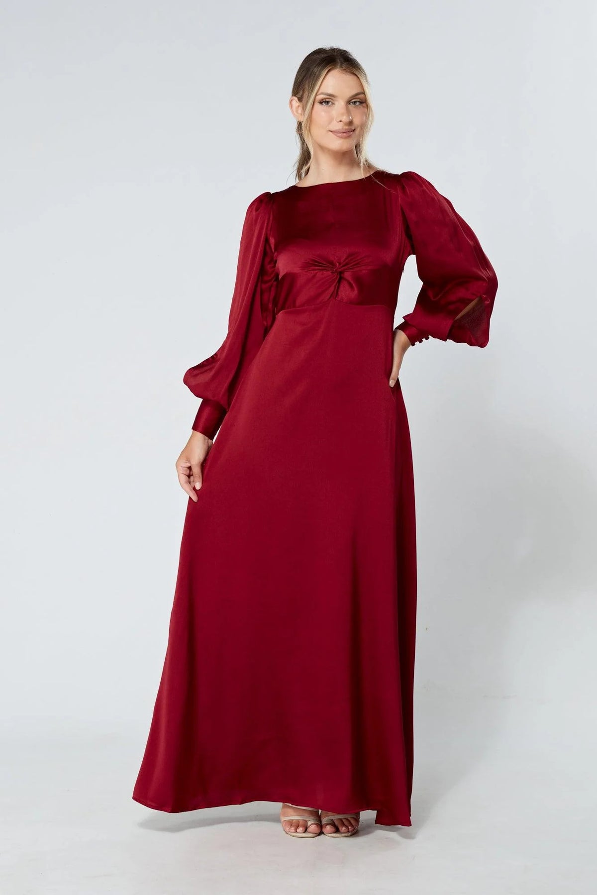 Lila Deep Red Knotted Front Soft Crepe Maxi Dress