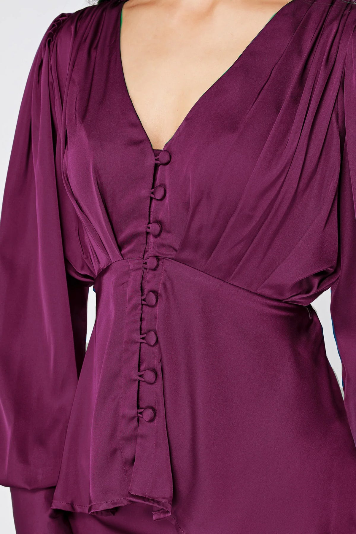 Elisa Plum Purple Crepe Satin Buttoned Blouse