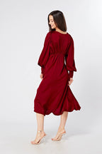 Nora Deep Red Satin Midi Dress With Long Sleeves