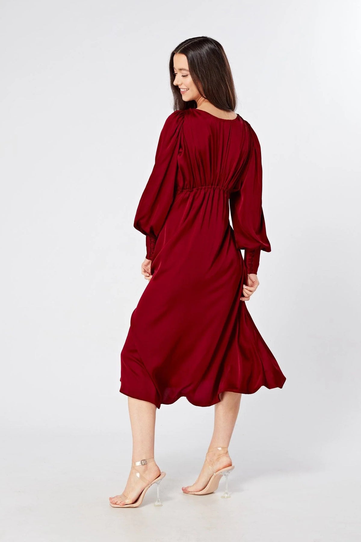 Nora Deep Red Satin Midi Dress With Long Sleeves