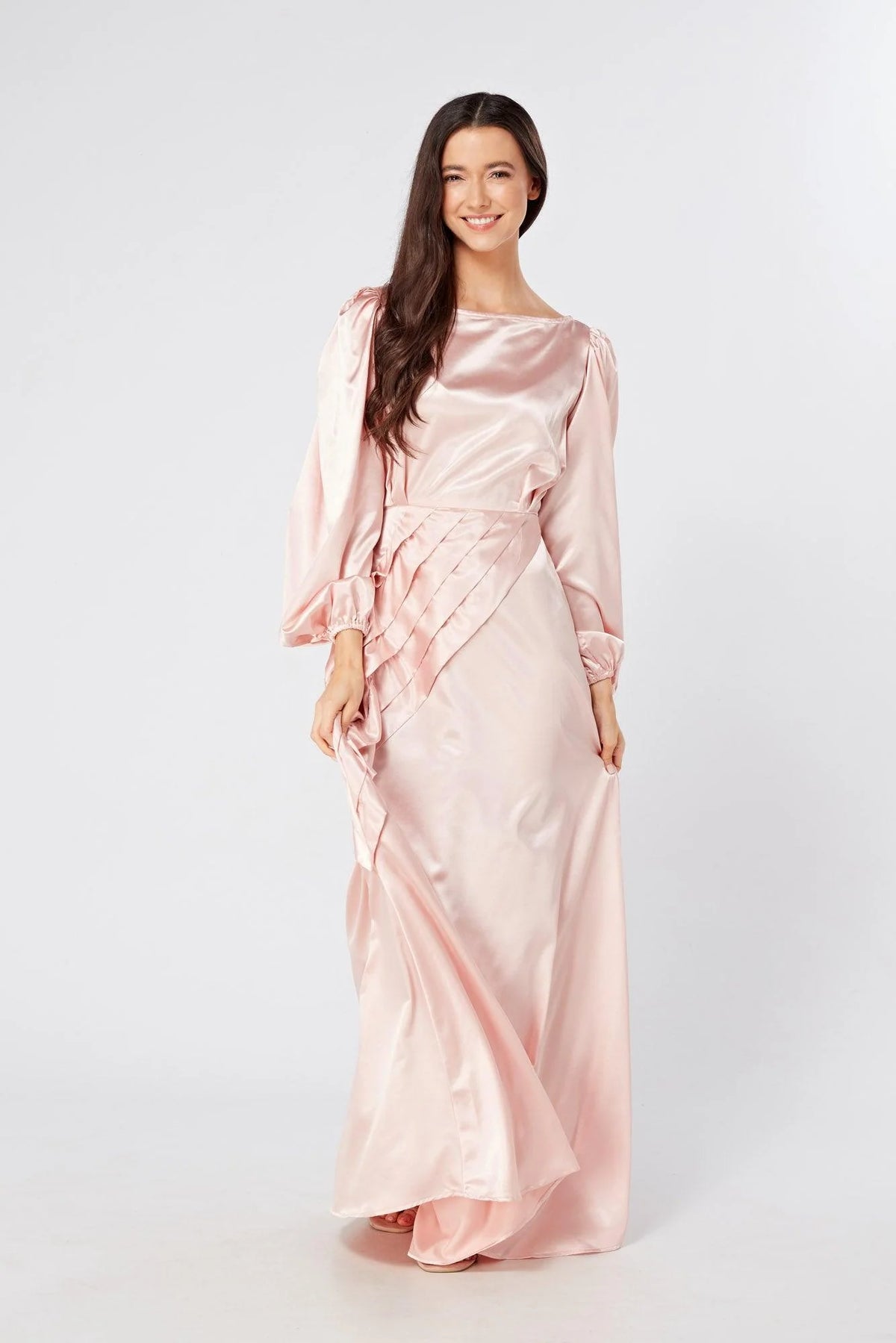 Seraphina Pink Satin Maxi Dress With Long Sleeves