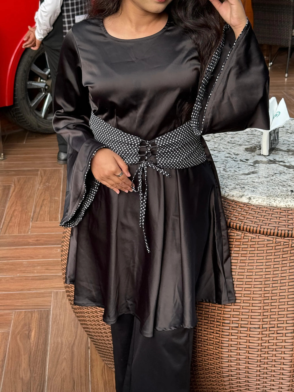 Venessa Black Satin Long Top With Drawstrings