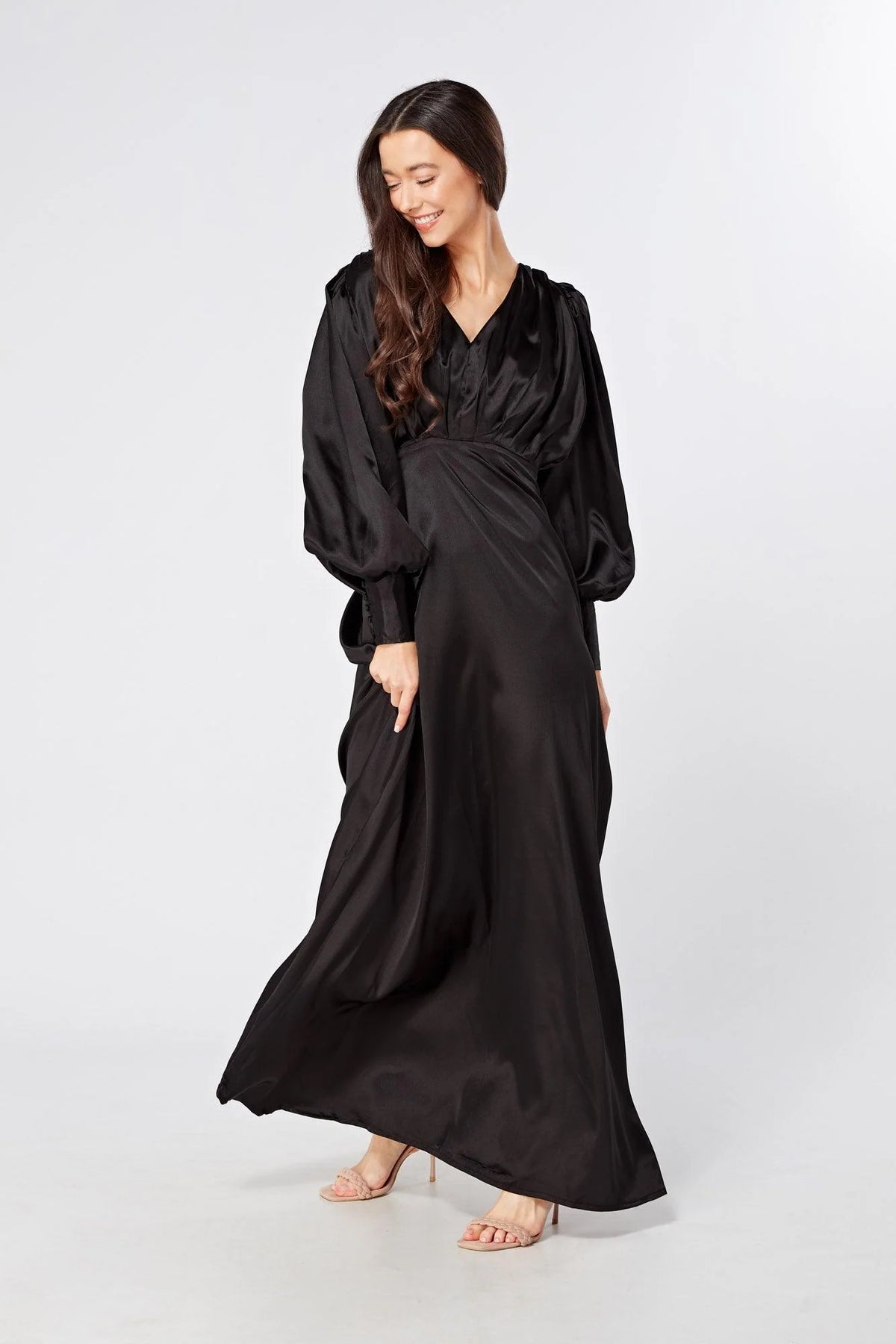 Colette Black Satin Maxi Gown with long sleeves