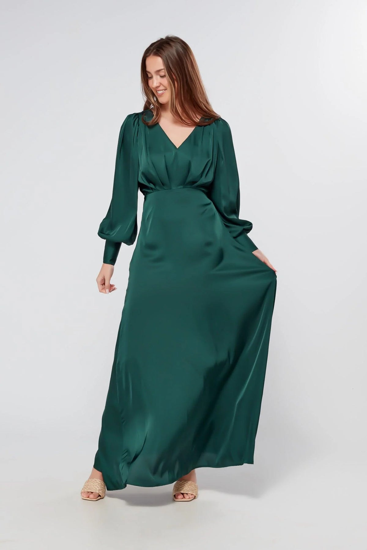 Layla Emerald Green Satin Maxi Dress With Long Sleeves