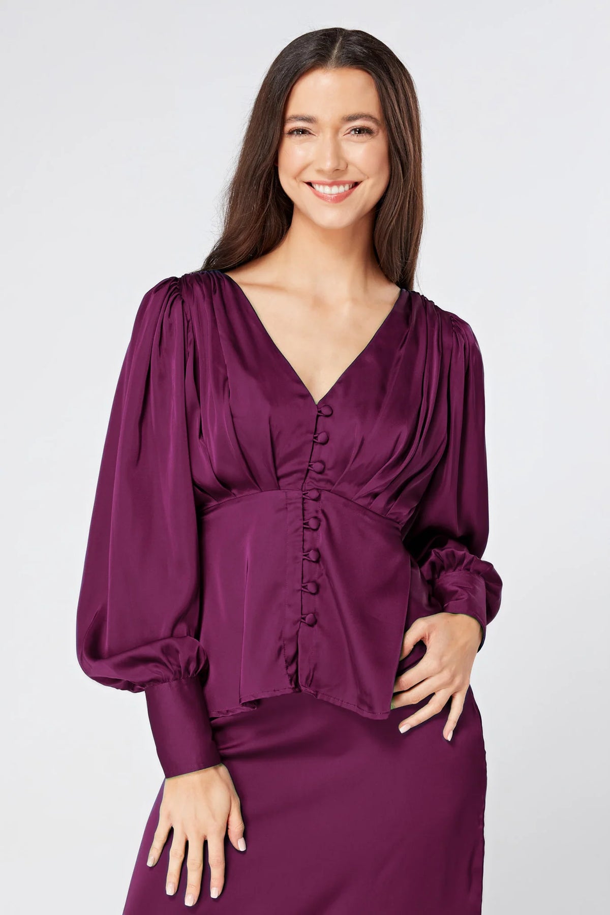 Elisa Plum Purple Crepe Satin Buttoned Blouse