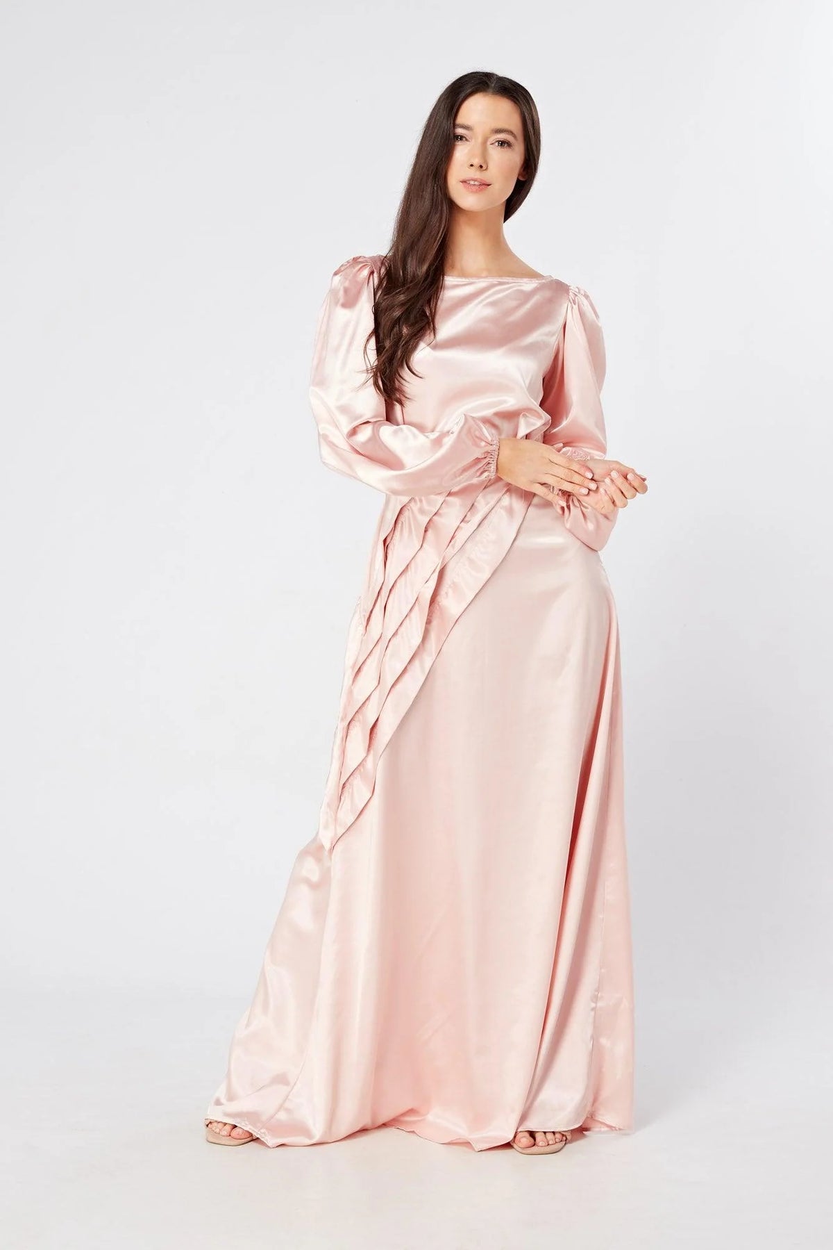 Seraphina Pink Satin Maxi Dress With Long Sleeves