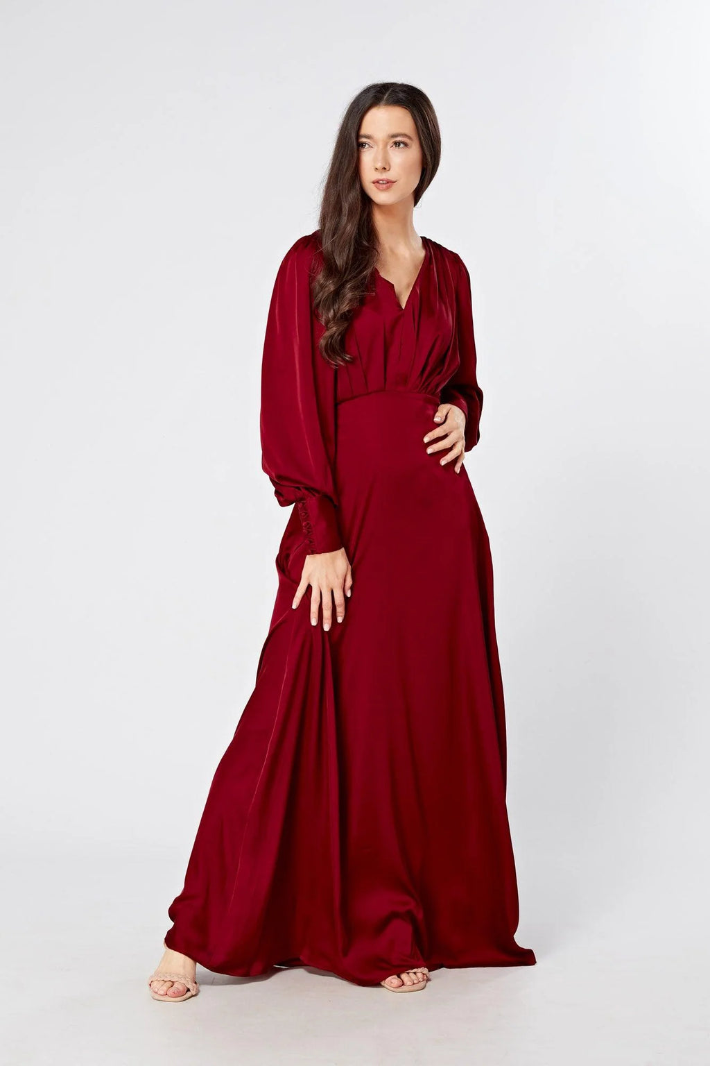 Norina Deep Red Satin Maxi Dress With Long Sleeves