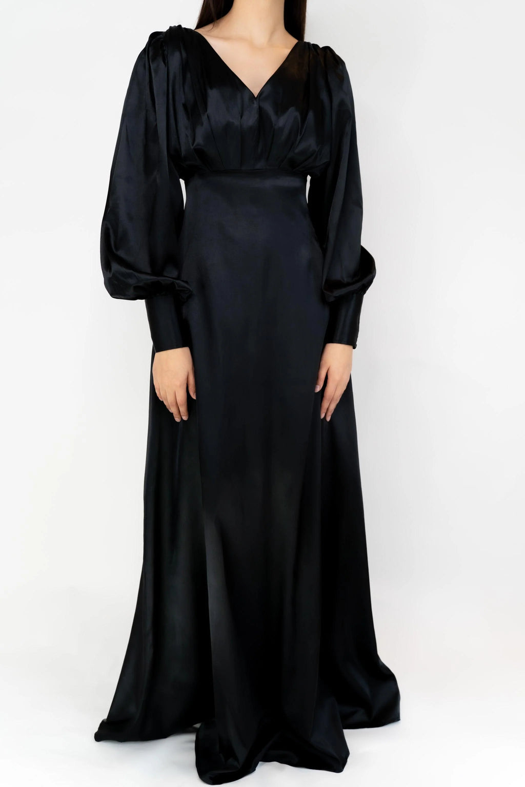 Colette Black Satin Maxi Gown with long sleeves