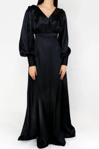 Colette Black Satin Maxi Gown with long sleeves