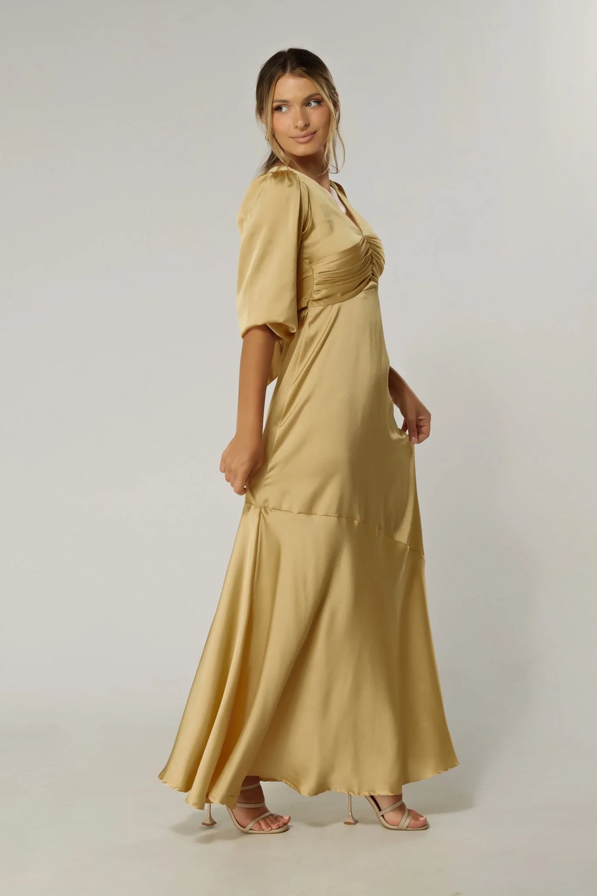 Naomi Light Gold Satin Maxi Dress