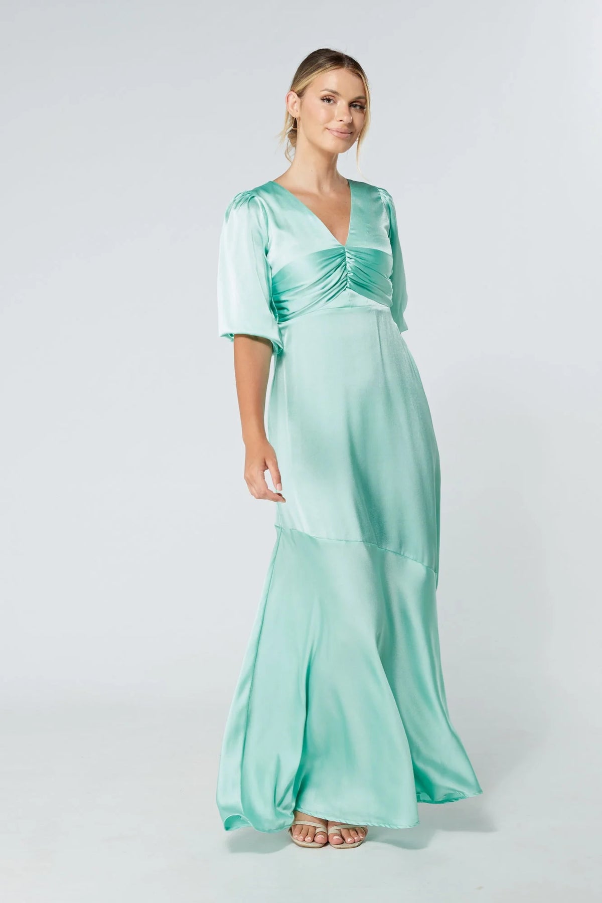 Naomi Aqua Satin Maxi Dress