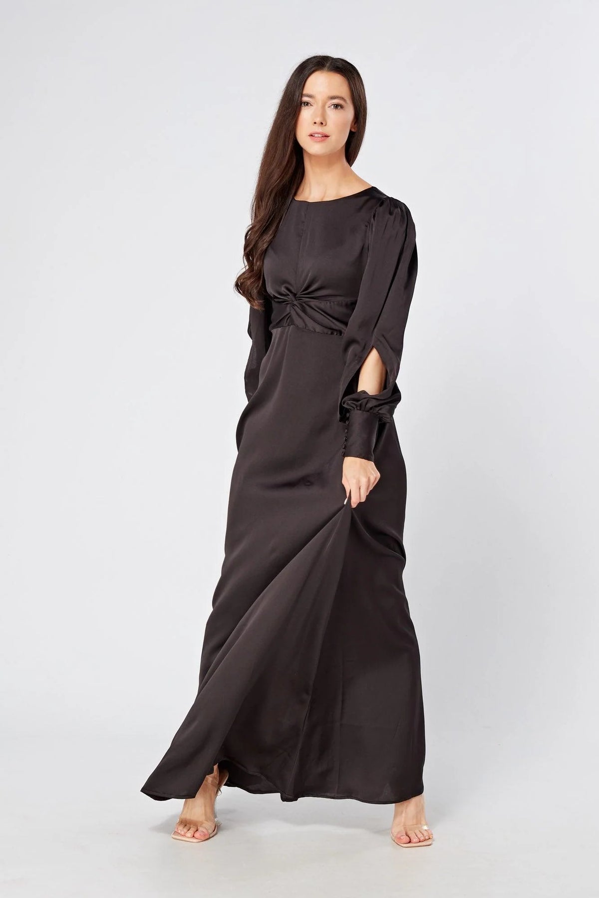 Lara Black Knotted Front Soft Crepe Maxi Dress