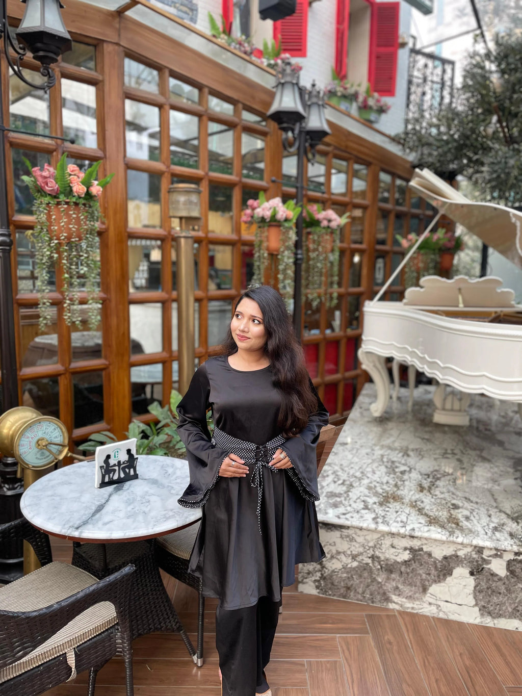Venessa Black Satin Long Top With Drawstrings