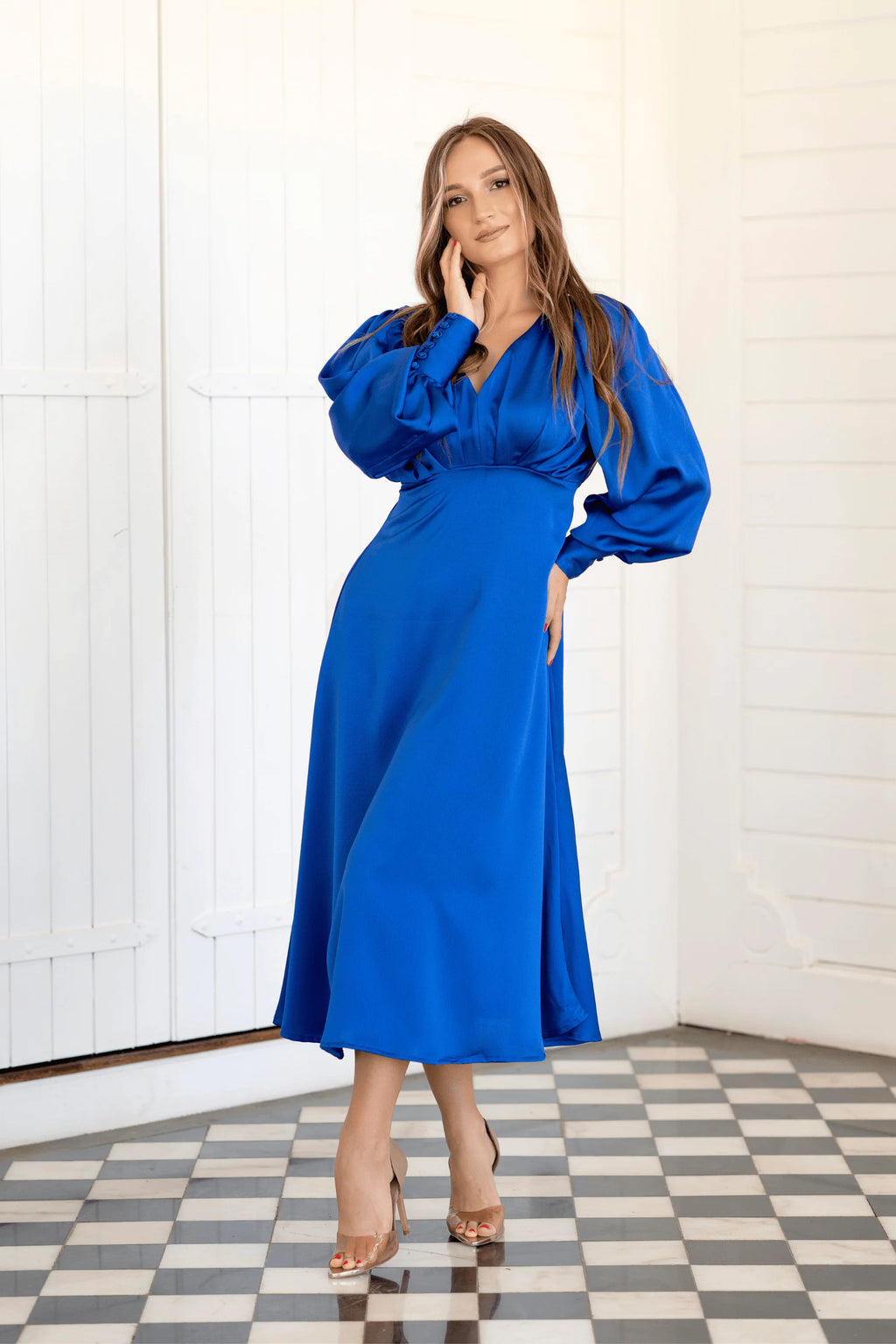 Azurine Cobalt Blue Satin Midi Dress