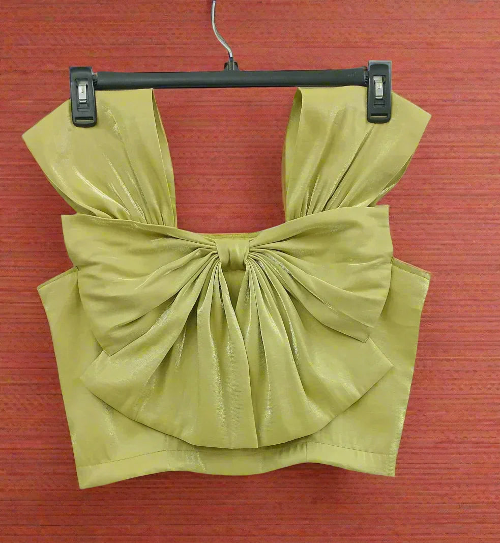 Soomin Shimmery Green Crop Top With Oversized Bow