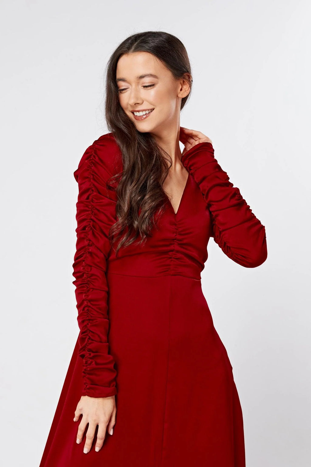 Ella Red Crepe Maxi Dress With Ruched Detail
