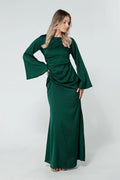 Malika Dark Green Folded Front Kimono Sleeves Maxi Dress