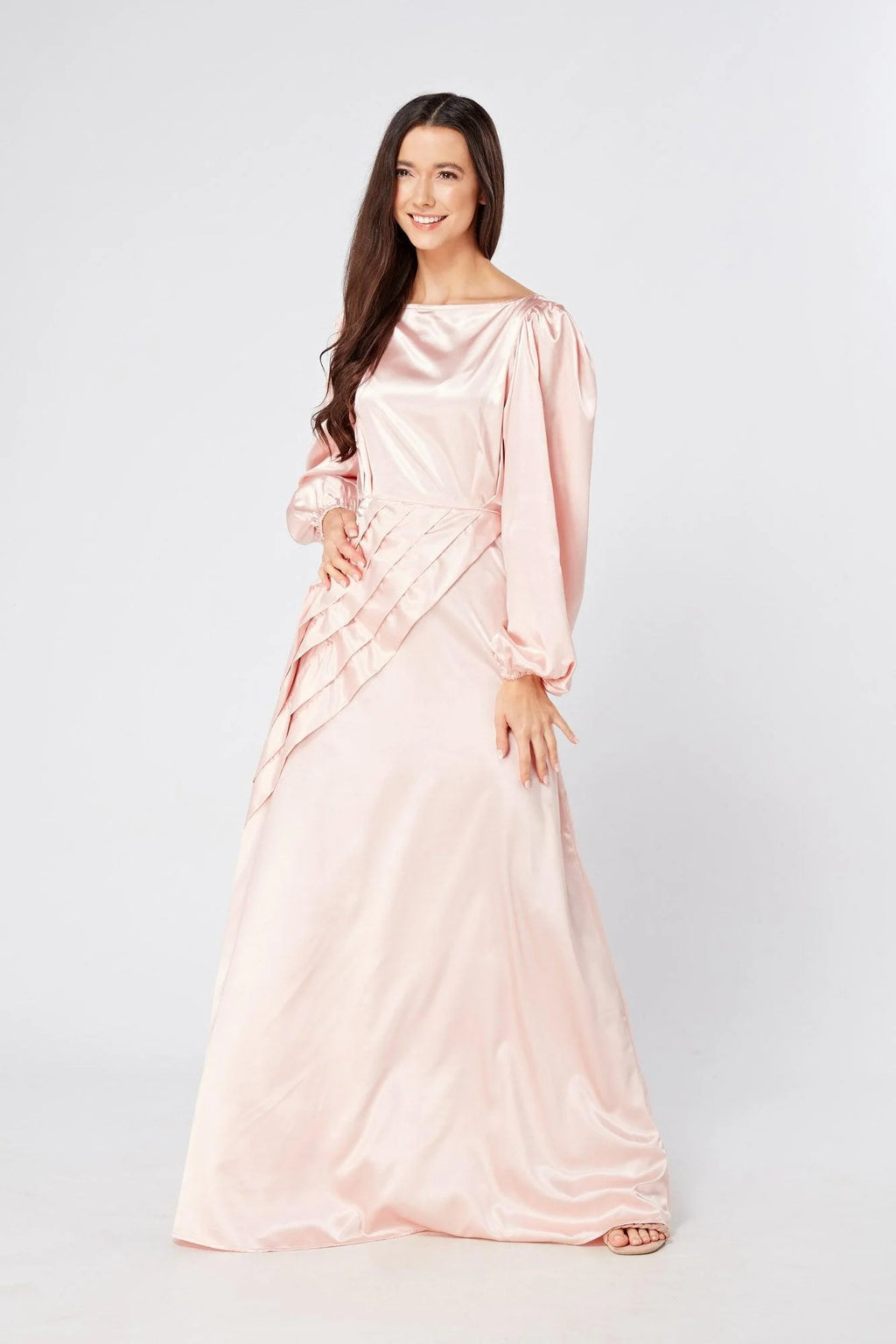 Seraphina Pink Satin Maxi Dress With Long Sleeves