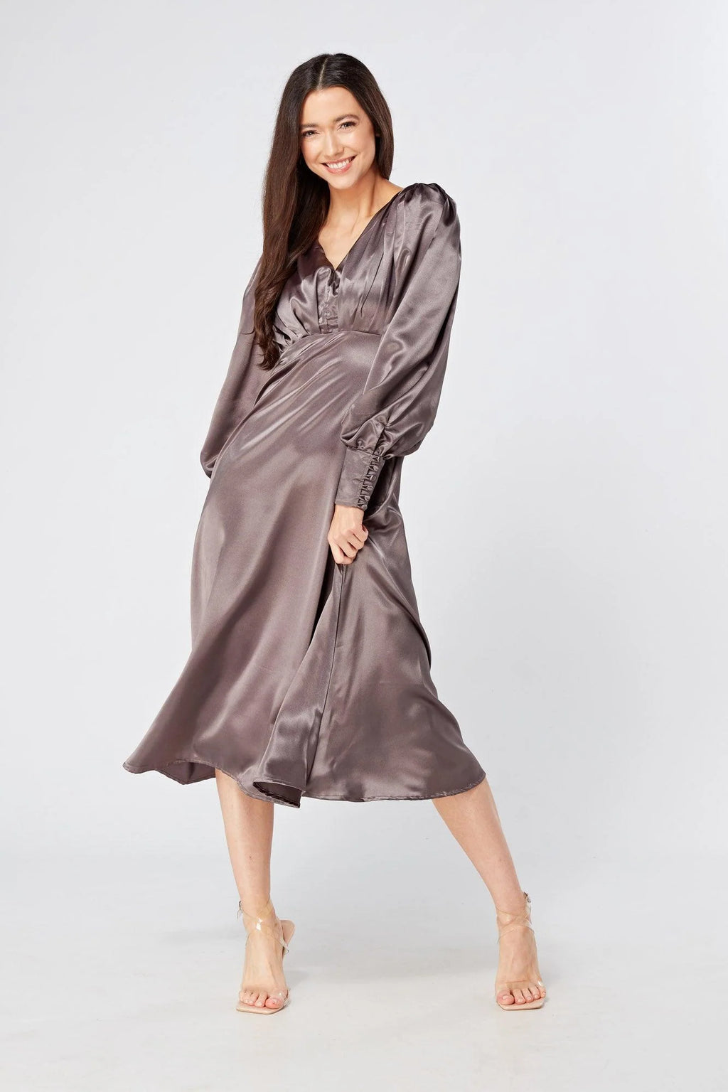 Zara Deep Grey Premium Satin Effect Midi Dress With Long Sleeves