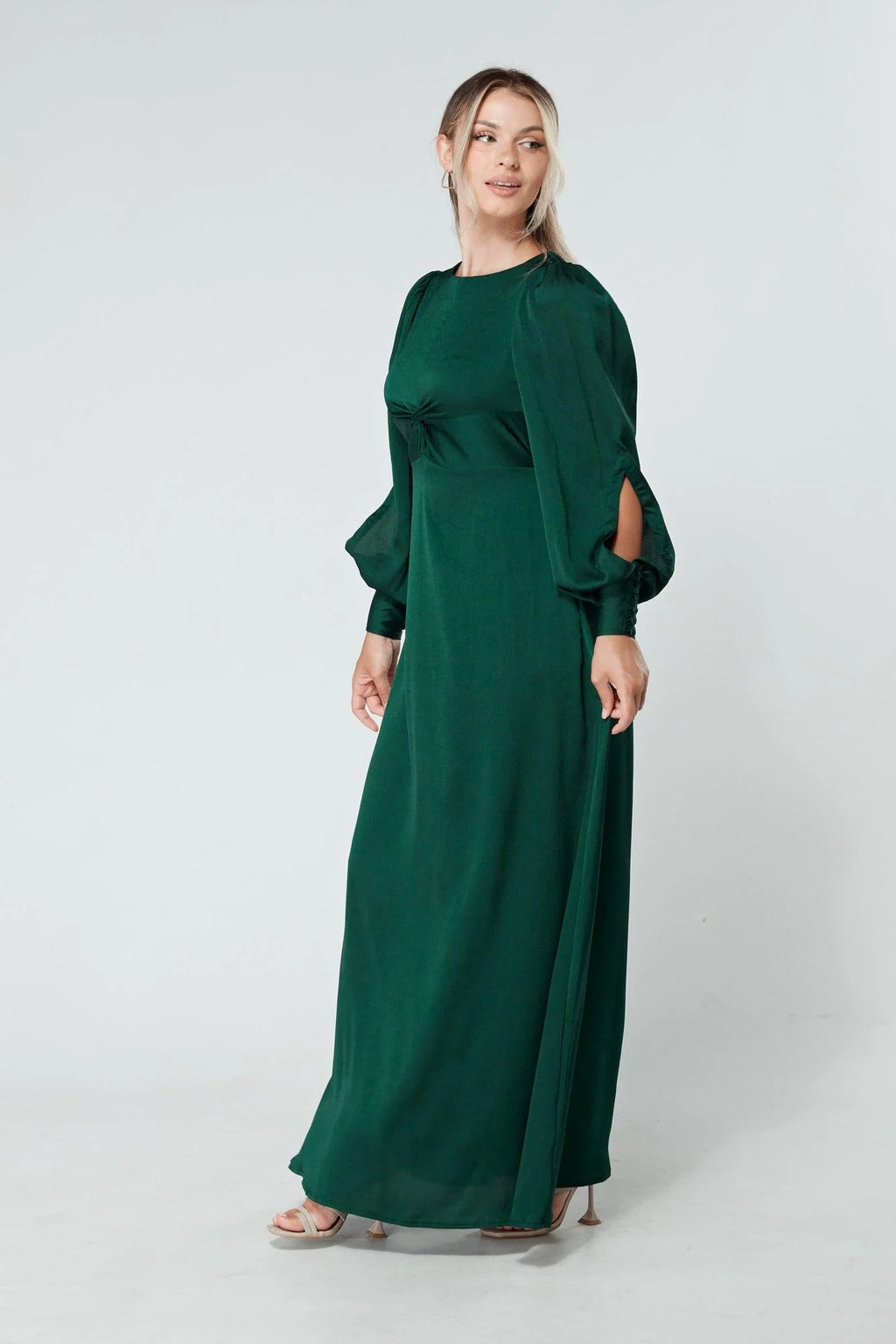 Lila Dark Green Knotted Front Soft Crepe Maxi Dress