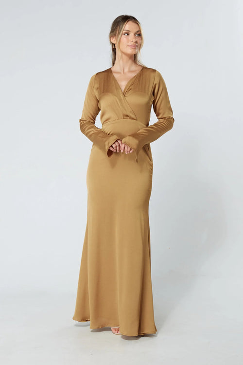 Alessandra Gold Satin Crepe Maxi Dress