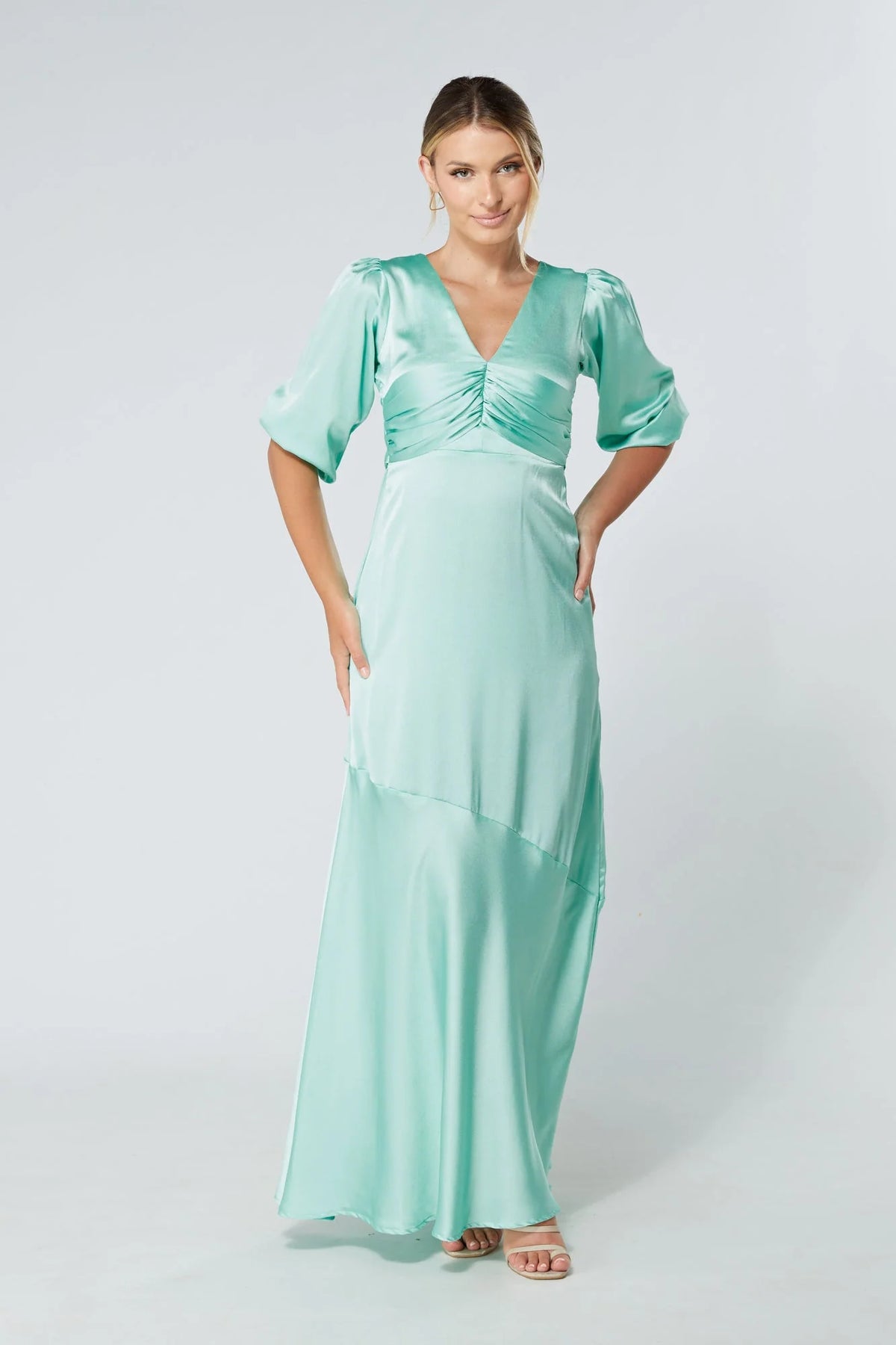 Naomi Aqua Satin Maxi Dress