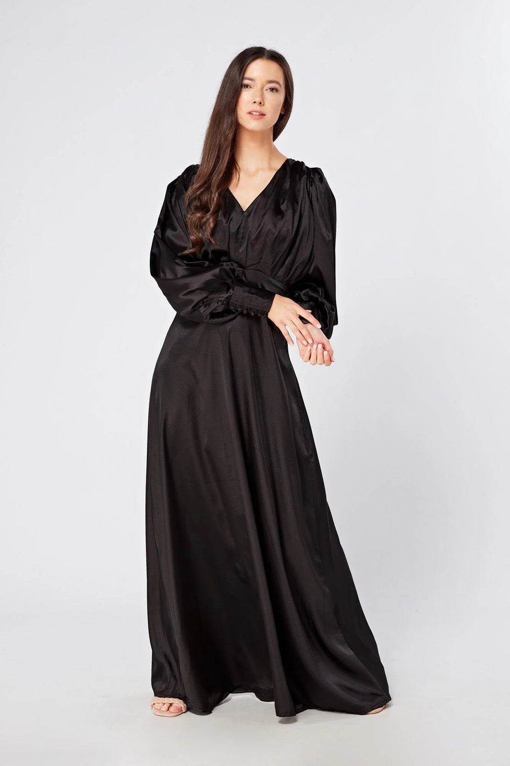 Colette Black Satin Maxi Gown with long sleeves