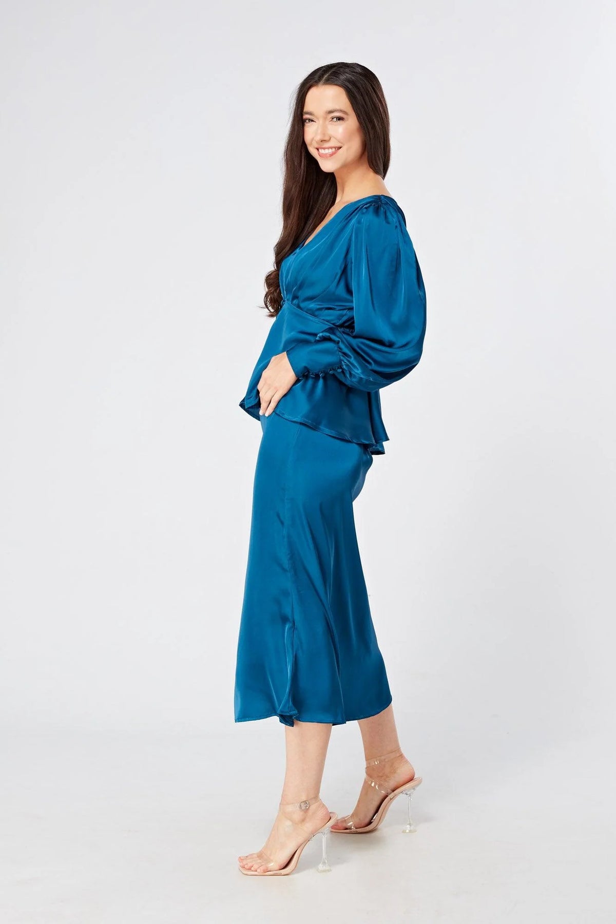 Elisa blue satin midi skirt