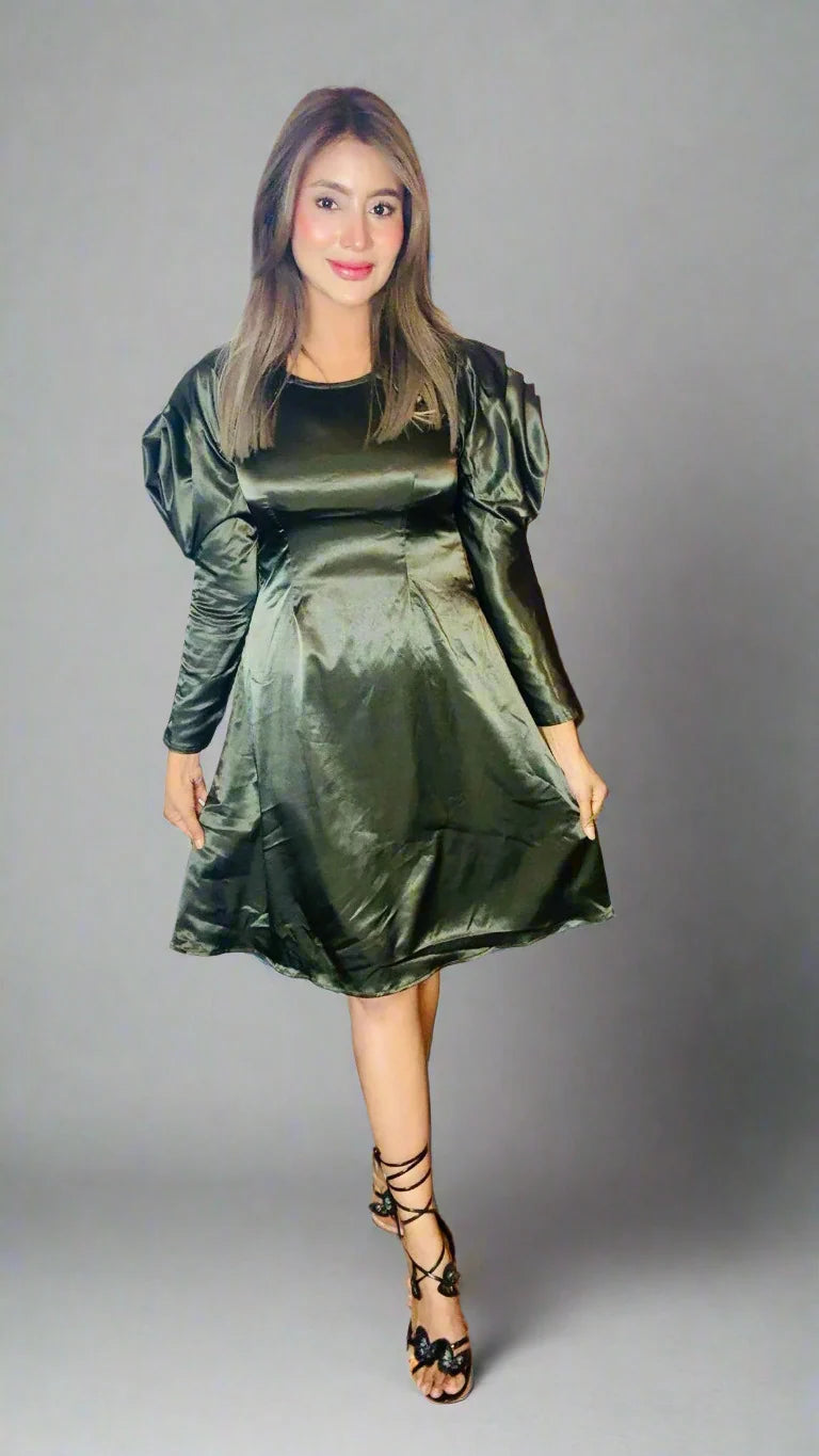 Gloria Deep Olive Satin Flower Sleeve Midi Dress