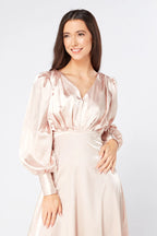 Rosetta Light Rose Pink Satin Maxi Dress With Long Sleeves