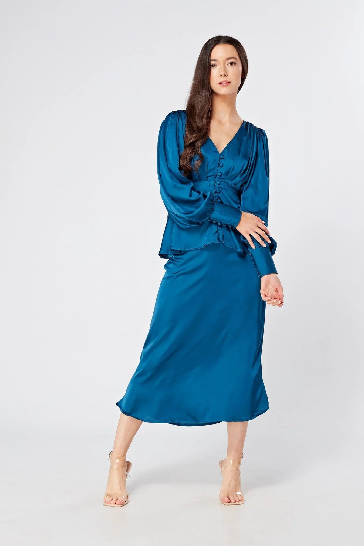 Elisa blue satin buttoned blouse