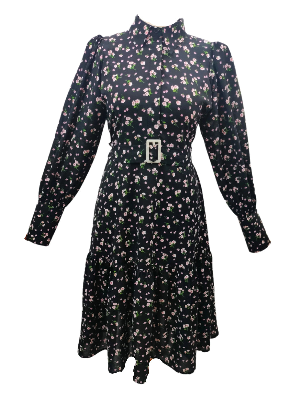Eleanor Black Midi Dress With Belted Front