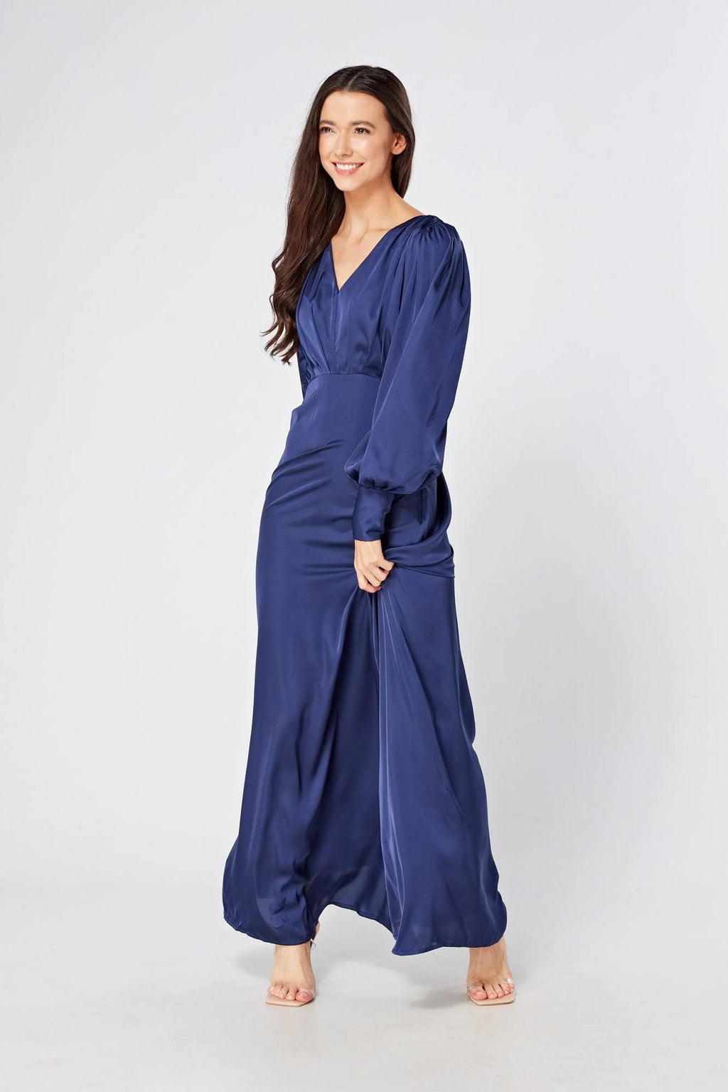 Afina Dark Blue Satin Maxi Dress With Long Sleeves