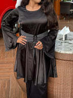 Venessa Black Satin Long Top With Drawstrings