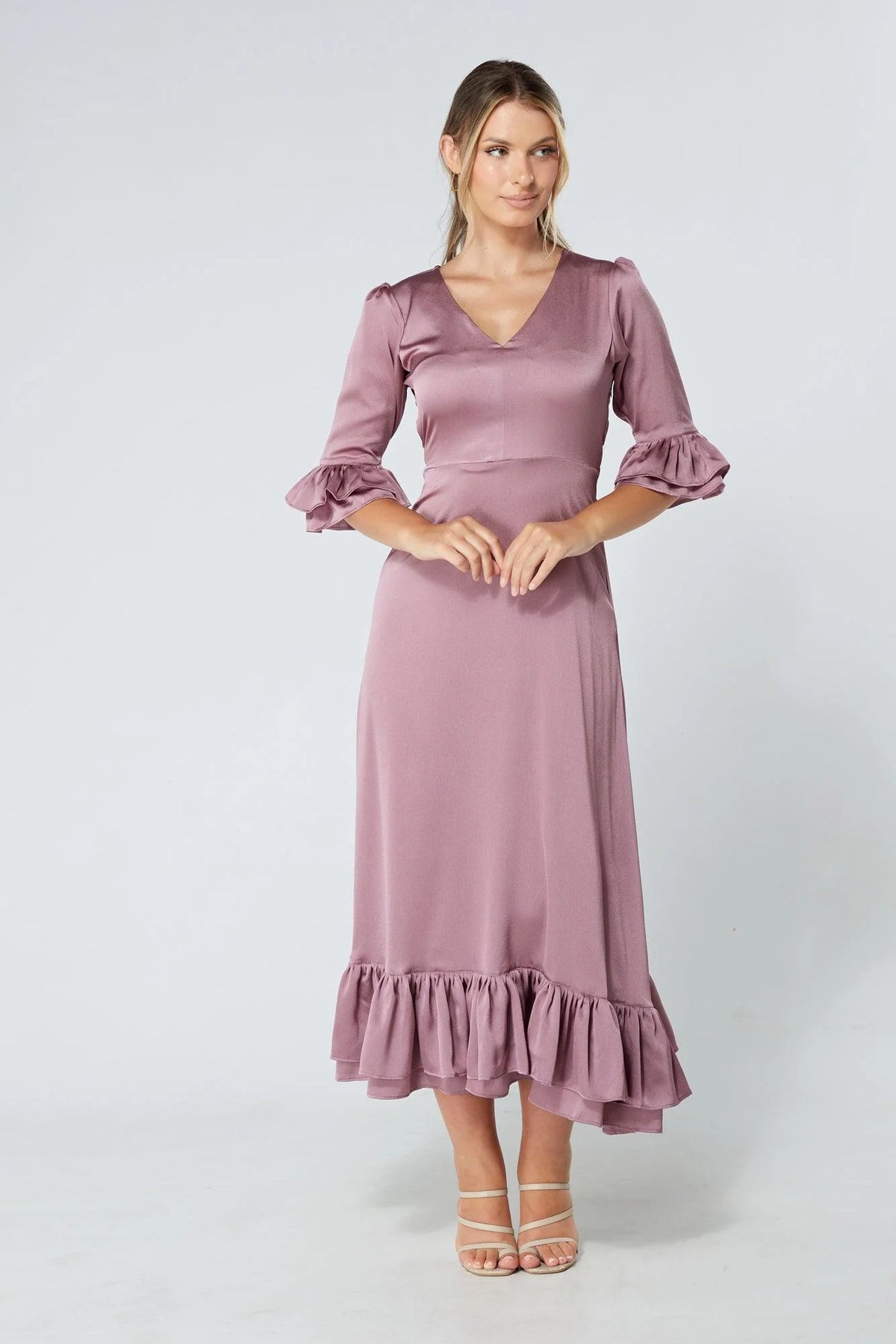 Francesca Satin Feel Lilac Midaxi Dress