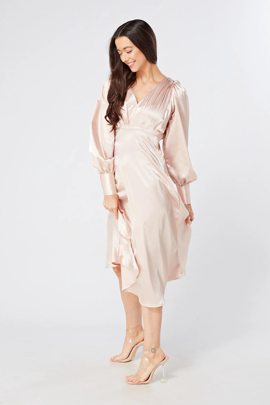 Rosetta Rose Satin Midi Dress With Long Sleeves