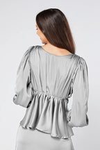 Elisa Silver Crepe Satin Buttoned Blouse