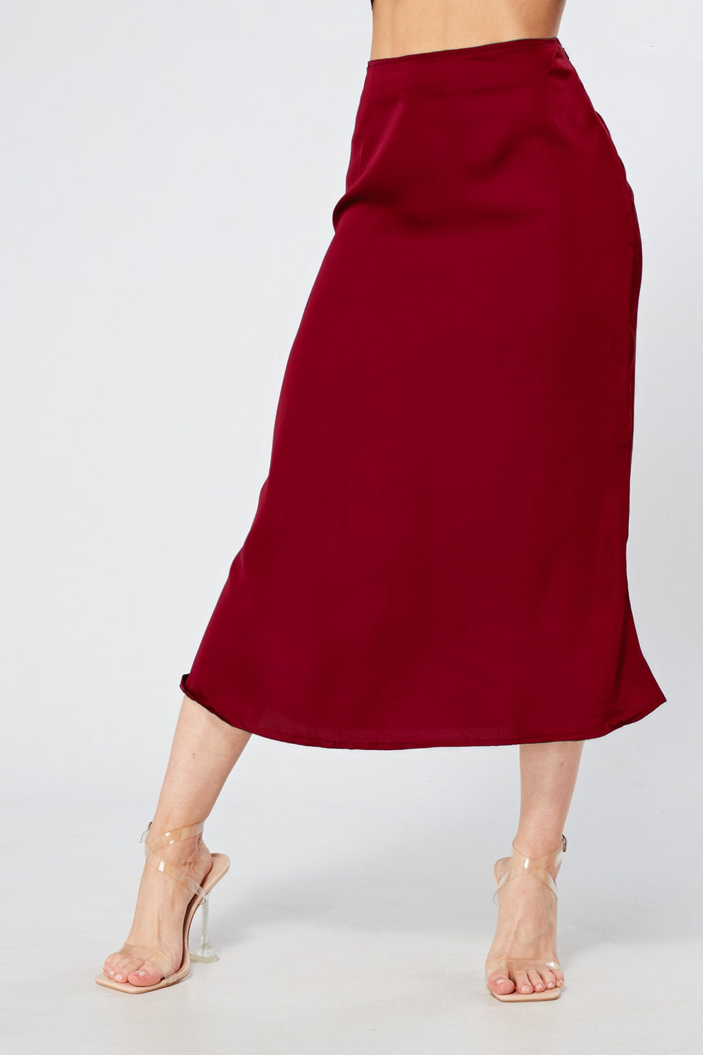 Elisa Deep Red Satin Midi Skirt
