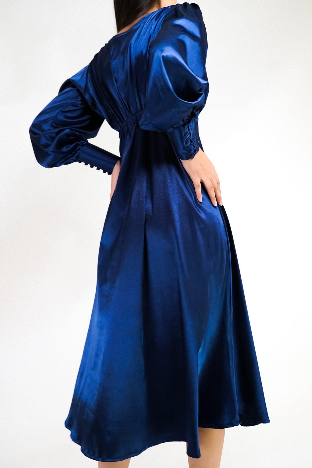 Celeste Dark Blue Premium Satin Midi Dress