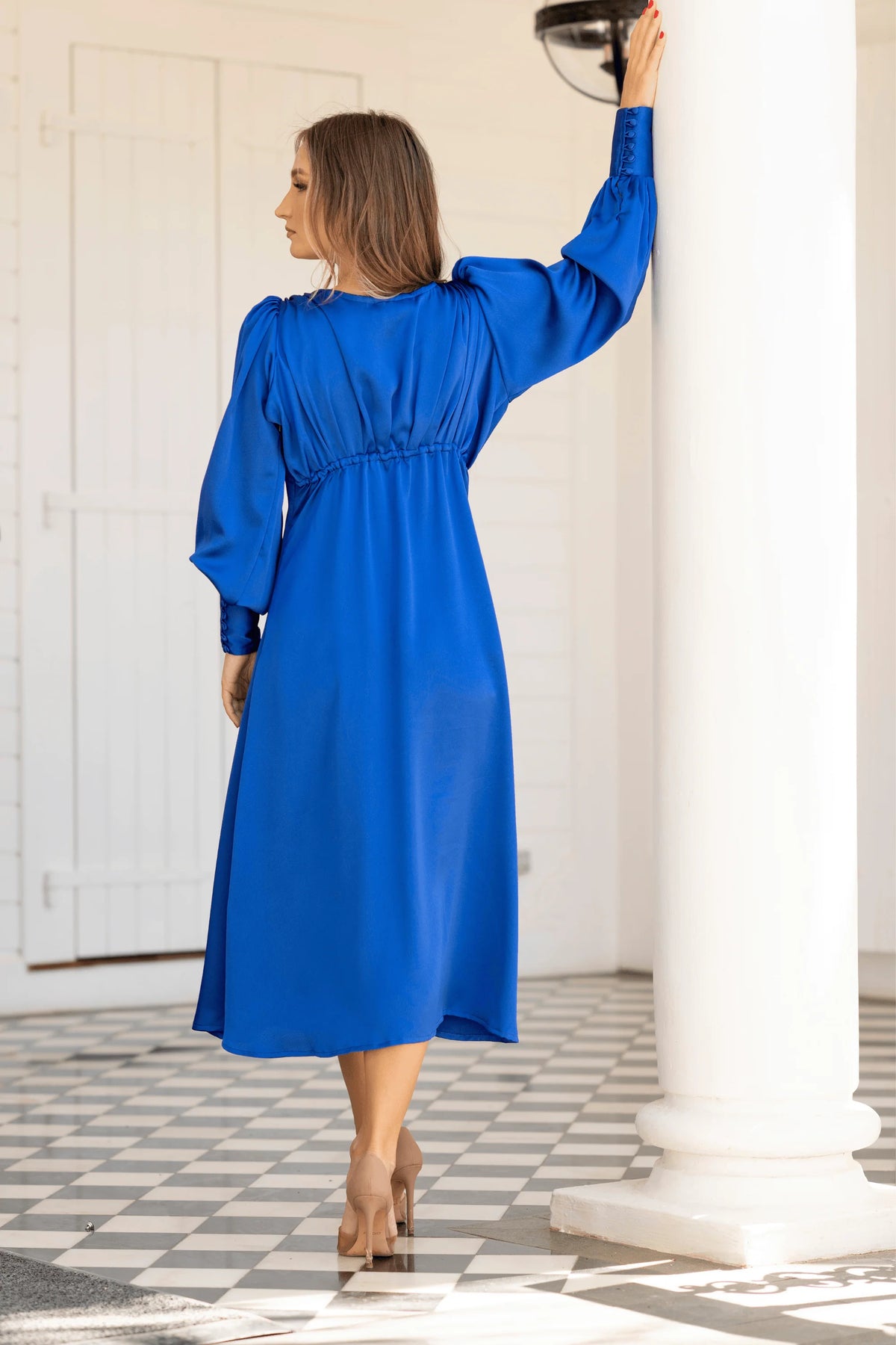 Azurine Cobalt Blue Satin Feel Midi Dress With Long Sleeves