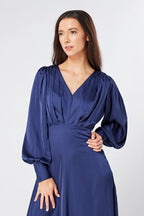 Afina Dark Blue Satin Maxi Dress With Long Sleeves