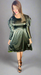 Gloria Deep Olive Satin Flower Sleeve Midi Dress